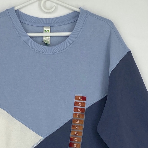 Green Tea Womens XL Color Block Top Sweatshirt Denim Blue Long Sleeve Fleece - Picture 2 of 7